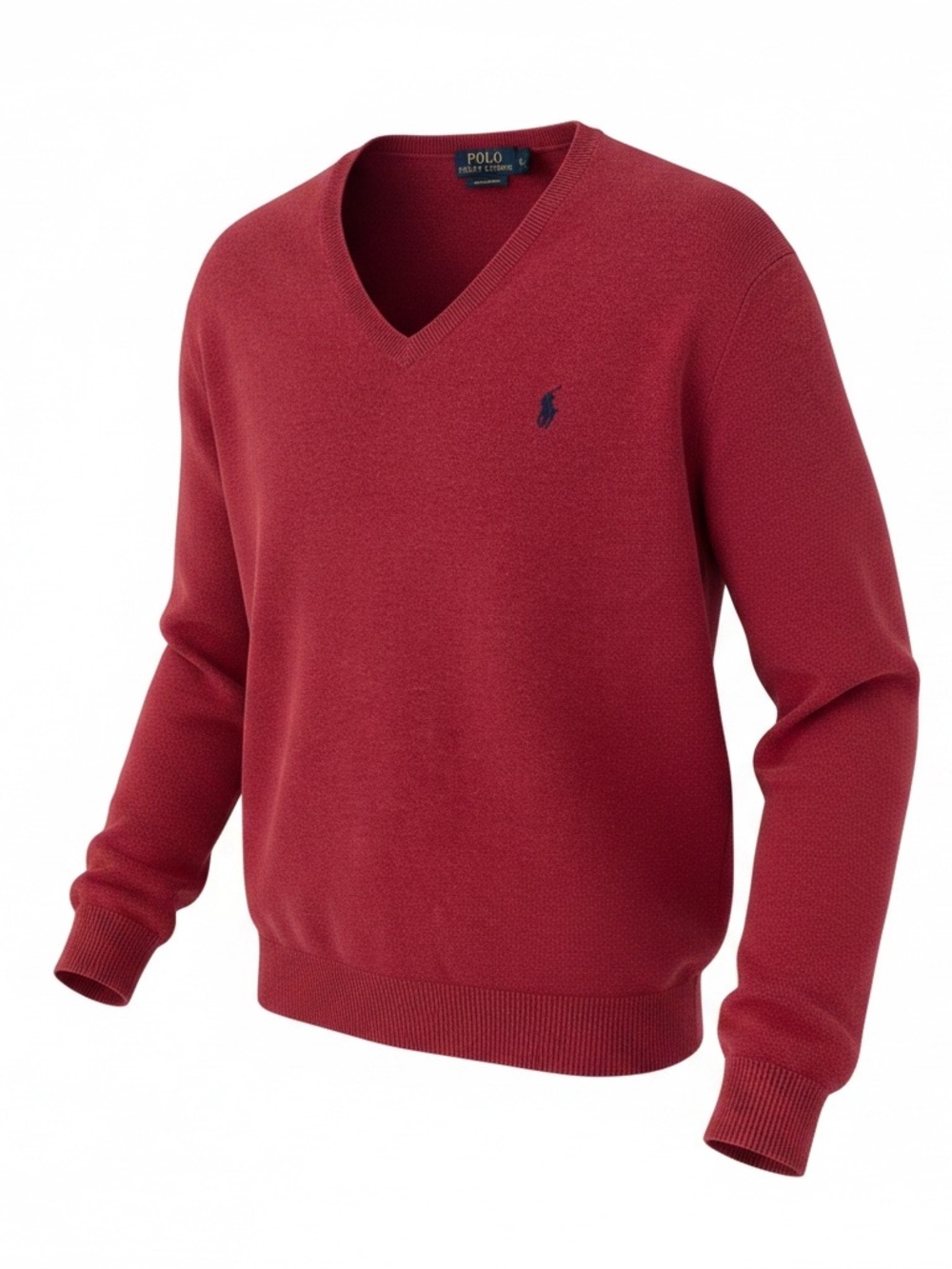 Polo Ralph Lauren Men's Med V-Neck Sweater Deep Red with Navy Logo Pima Cotton